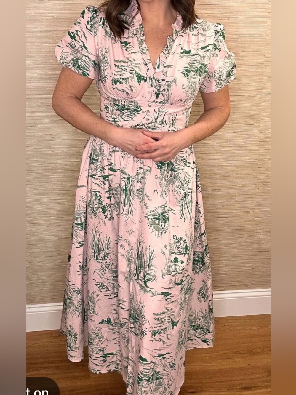 Meet Me In Santorini Soft Pink & Green Toile Landscape Pattern Dress Sz L NWT